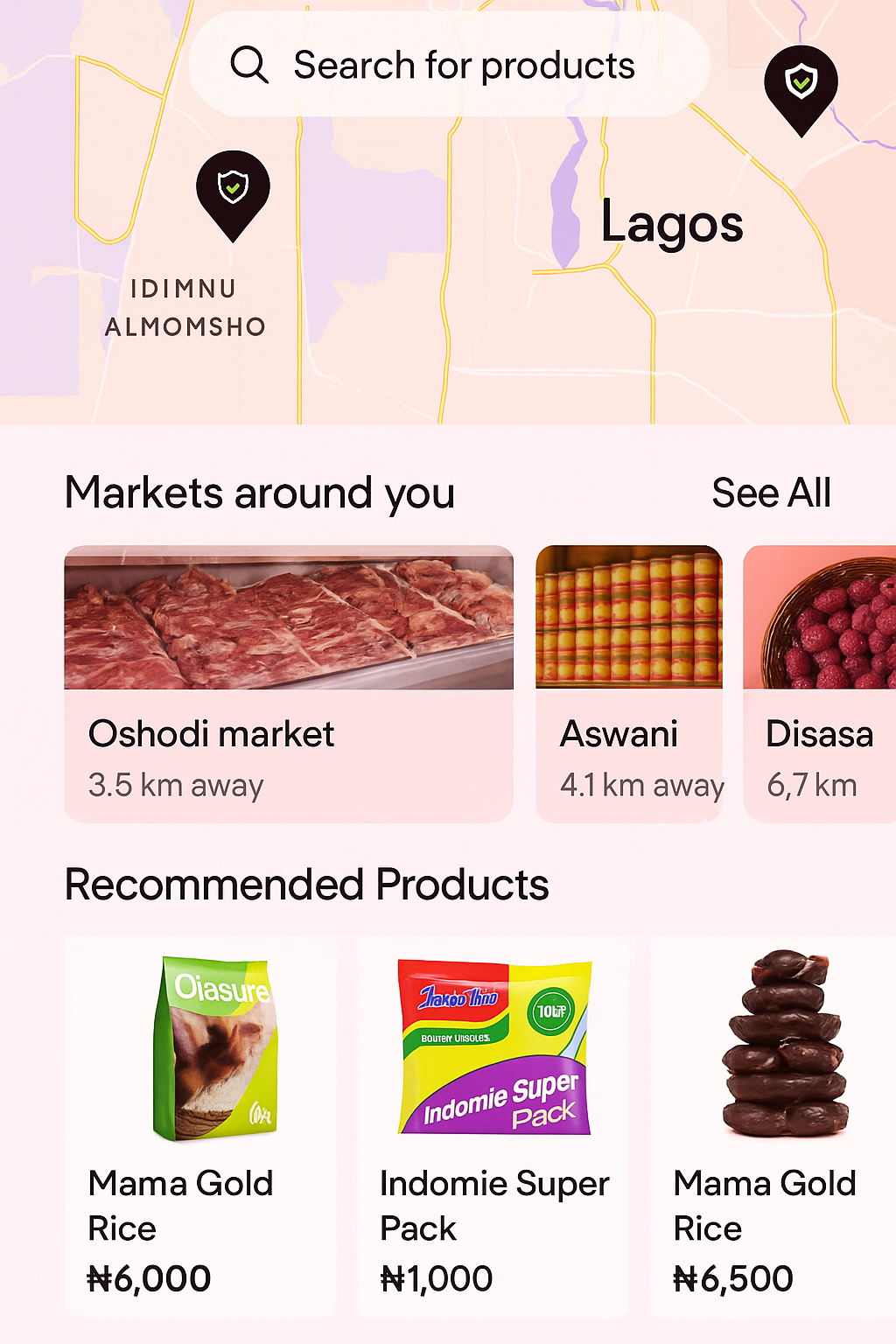 OjaSure marketplace app interface for browsing local products