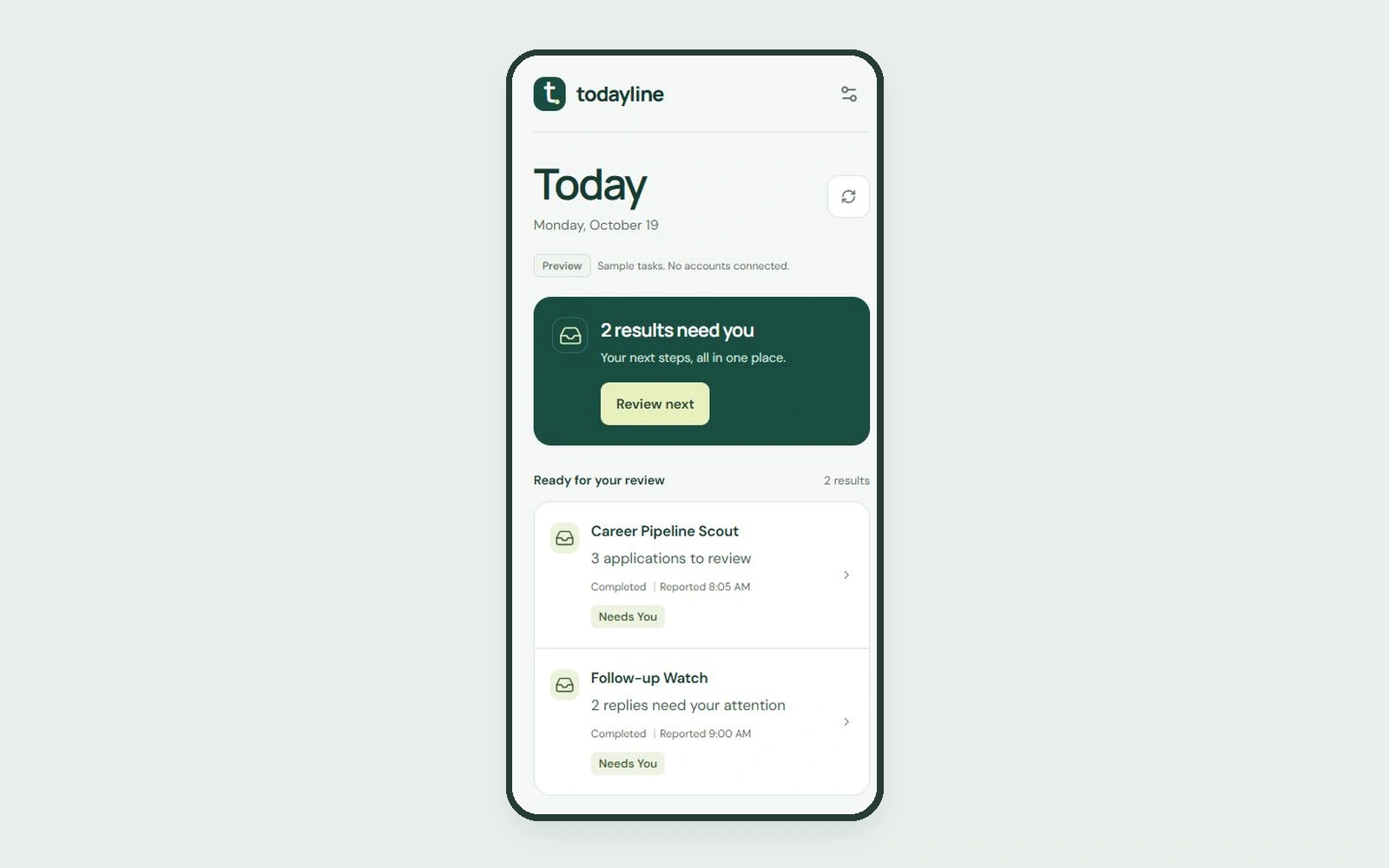 Todayline daily updates view on a phone